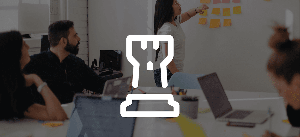 Group of people working on strategy, Rook cheese piece icon